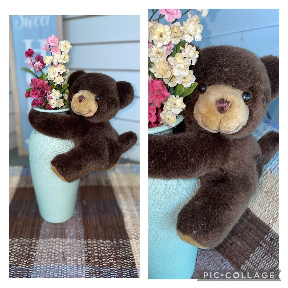 Teal Green Teddy Bear Vase with Artificial Flowers Home Decor Accent